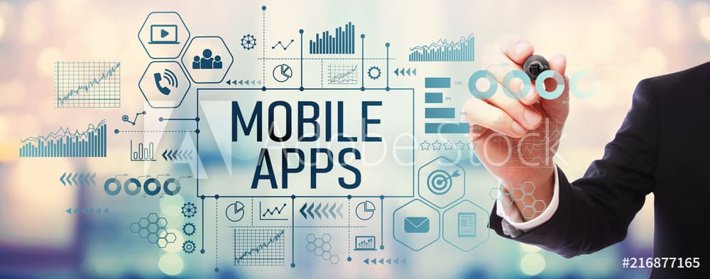 Mobile apps with businessman on blurred abstract background