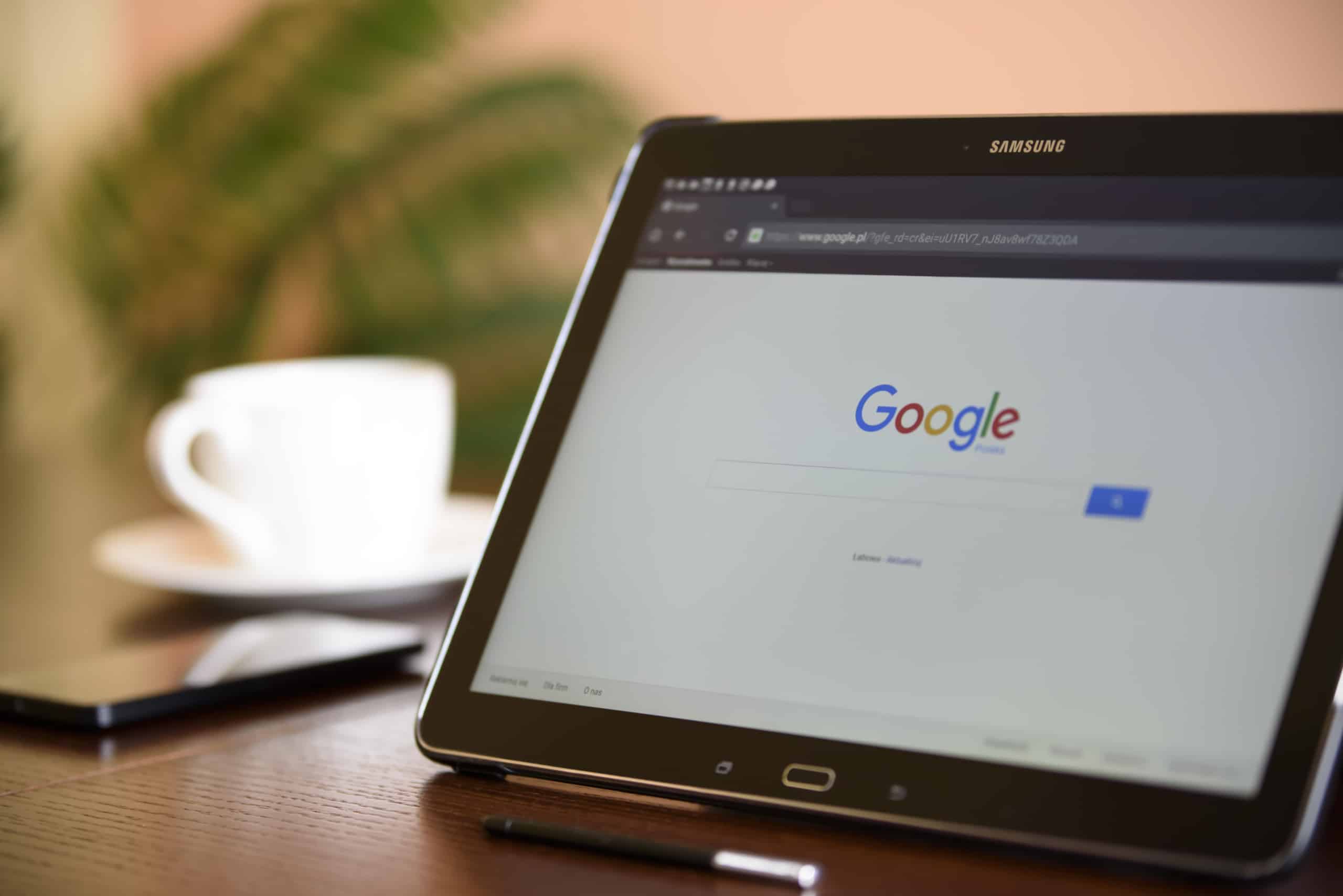 Black samsung tablet on google page