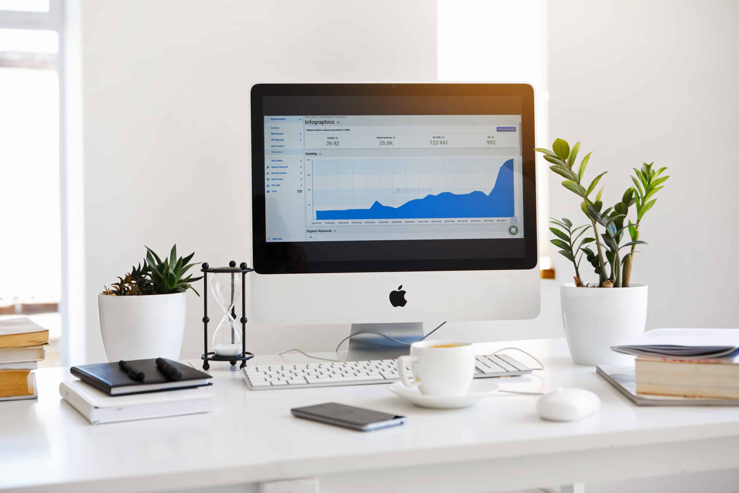 Silver imac displaying line graph placed on desk