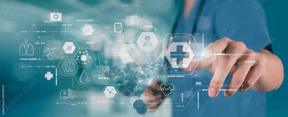 Medicine doctor using modern computer diagnose virtual electronic medical record of patient on interface.Digital healthcare and network on modern virtual screen, DNA medical technology